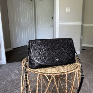 LODIS Black Woven Leather Slim Crossbody Shoulder Bag 8x12